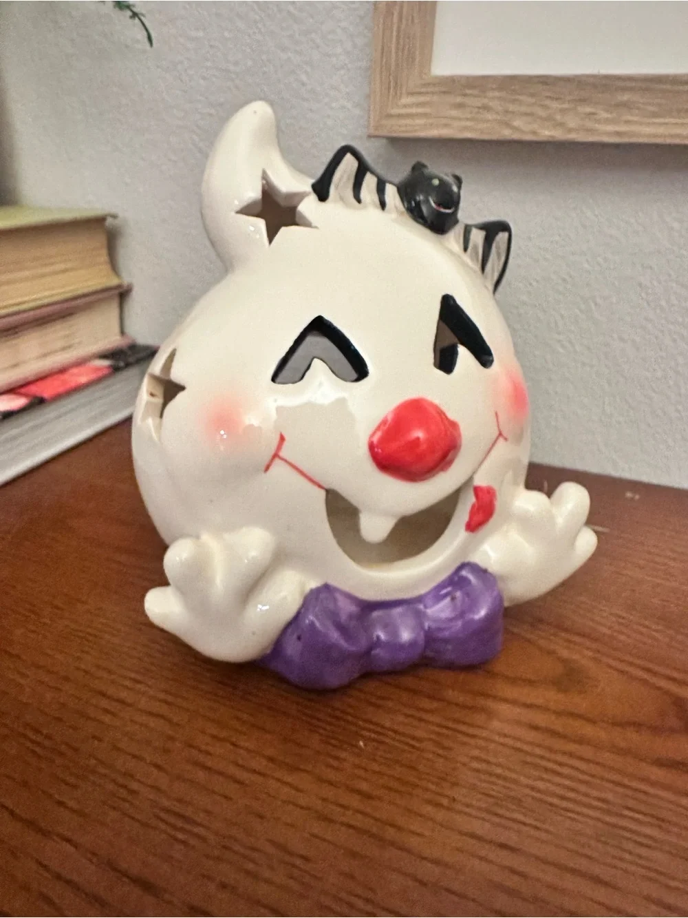 White Ceramic Halloween Ghost with Purple Bow - Decorative Accent